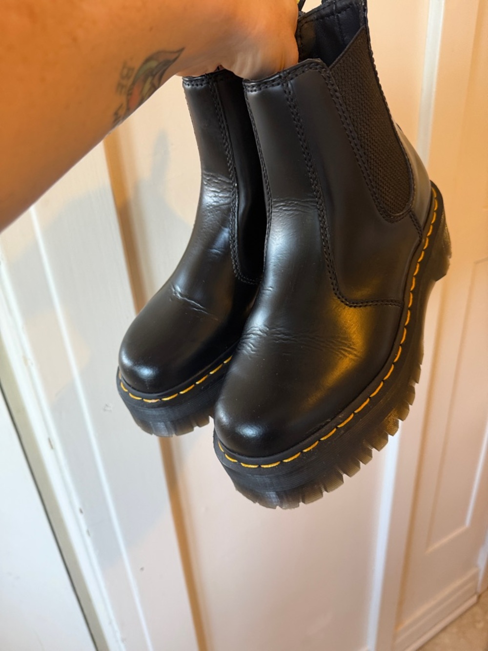 Dr. Martens Black Leather Chelsea Combat Boots with Yellow Stitching